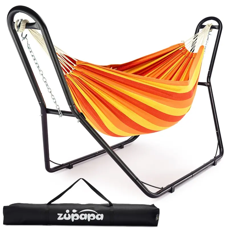 Zupapa 2-Person Hammock Set with Heavy-Duty Steel Stand – Polycotton Fabric, 550 lb Capacity, Indoor/Outdoor Use (Orange Sunshine Pattern)