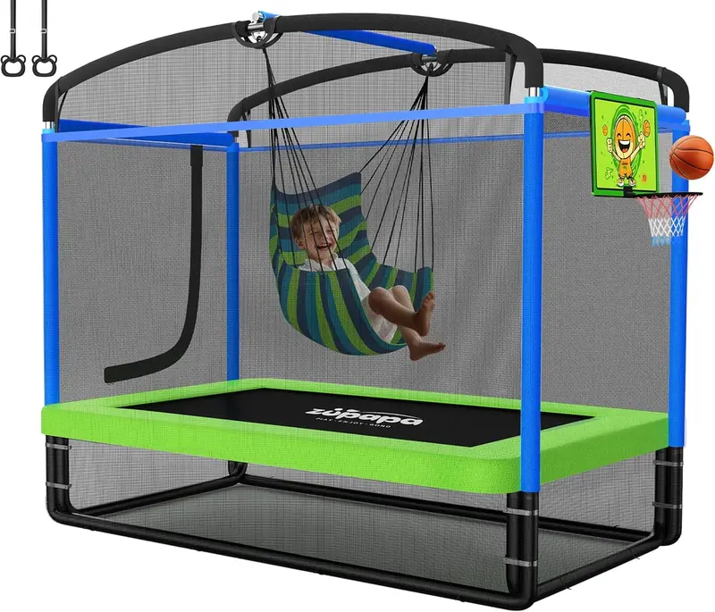 Zupapa 6 FT 5-in-1 Kids Trampoline – Square Design with Hammock Chair, Basketball Hoop & Safety Net, 220 lb Capacity (Ages 3–6)