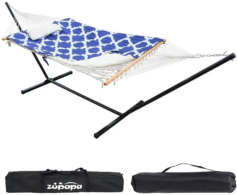 Zupapa Geometric Royal Blue Cotton Rope Hammock Set with Stand and Carry Bags
