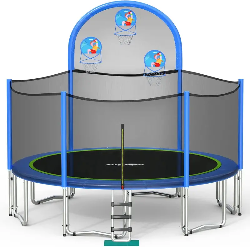Zupapa No-Gap 14–16 ft Basketball Trampoline – Enclosed Outdoor Trampoline with Non-Slip Ladder, 425 lb Capacity, Family-Friendly Backyard Fun