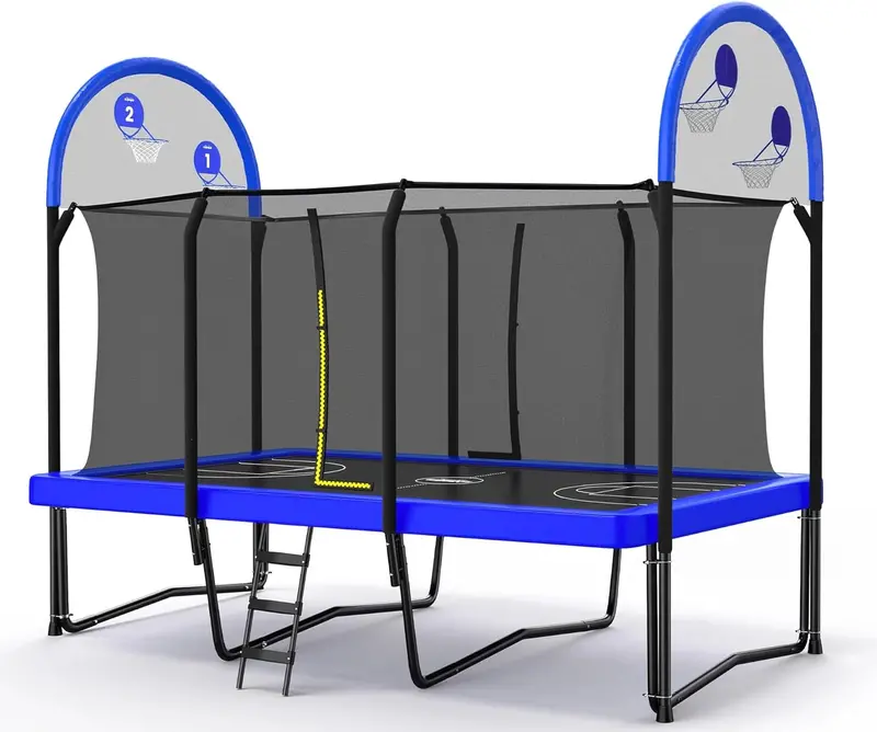 Zupapa Rectangular Trampoline (10×17 ft, 9×15 ft, or 8×14 ft) – 1500 lb Capacity, Gymnastics-Grade Frame with Basketball Hoop for Family Play