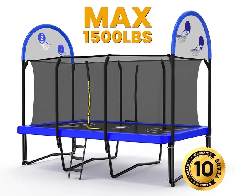 Zupapa Sport-Ready Rectangle Trampoline – 10′ x 17′ (or smaller options), 1500 lb Capacity with Integrated Basketball Hoop, ASTM-Compliant Outdoor Design